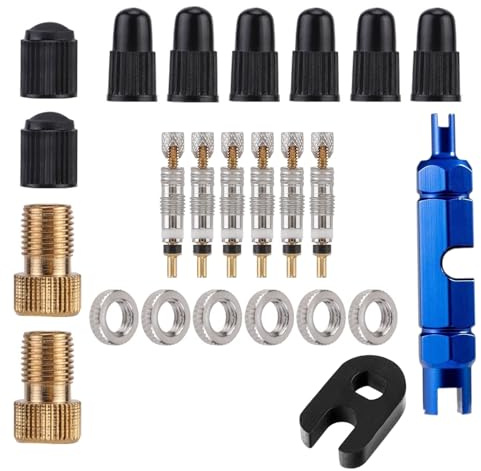 JZK Kit de repuesto de núcleo de válvula Presta de 24 piezas con herramienta de extracción de núcleo, núcleos de válvula de bicicleta sin cámara, adaptadores de latón y tapas de válvula de plástico