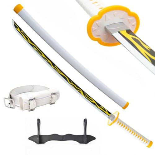 Wah Shing Yuen Demon Sword Katana trä (Agatsuma Zenitsu) set med bälte och stativ 102 cm bambu samurajsvärd (trubbig) – anime cosplay kostym vapen