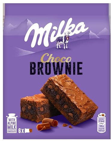 Milka, Choco Brownie, Tortina Soffice e Golosa con Golose Pepite di Cioccolato al Latte e un Cuore di Cioccolato Milka, con Latte Alpino, Cacao Sostenibile, 150g (6 merende da 25g)