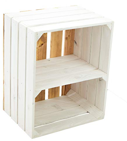 Massive Schuh- Bücherregalkiste Obstkiste Weinkiste Maße ca 50 x 40 x 31cm xxxaus dem Alten LandxxxWeinkisten Obstkisten Holzkiste Dekokiste Regal (Weiss geflammter Rücken Quer Weiss)