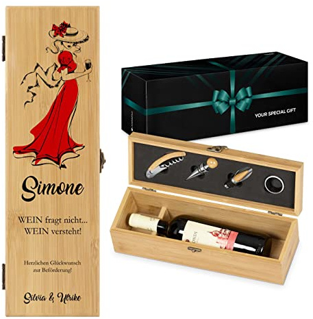 Maverton Bambus Weinbox für 0,7L Weinflasche Wein Holzbox + 4er Weinzubehör | Wein Holzbox personalisiert + 4er Weinzubehör, Weinset Weinkiste, Geschenk zum Geburtstag für Frauen