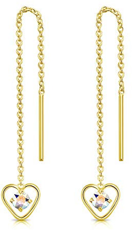 Orecchini Cuore Pendenti Argento 925 Placcati Oro 24K con Brillantini Punto Luce di Cristalli Aurora Boreale - Orecchini Dorati Lunghi - Classici Eleganti Ipoallergenici - Gioielli Regalo Donna