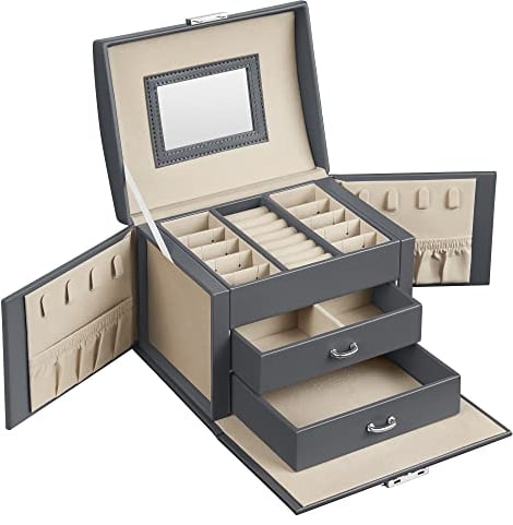 SONGMICS Scatola Portagioie, 3 Livelli, Porta Gioielli con Maniglie, 2 Cassetti, Specchio e Chiusura, Portagioie da Viaggio, Moderno, Idea Regalo, Grigio Ardesia JBC154G01