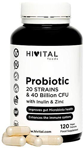 Prebióticos y Probióticos20 cepas 40 mil millones de UFC con Inulina y Zinc. 120 cápsulas veganas gastroresistentes para 2 meses. Para mejorar la salud gastrointestinal y el sistema inmune.