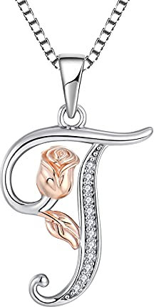 starchenie Alphabet Rose Halskette Buchstabe T Halskette Zirkonia Anhänger 925 Sterling Silber Halskette für Damen