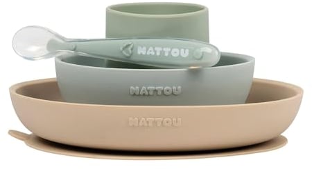 Nattou Set Repas en Silicone pour Enfants, 4 Pièces, 1 Cuillère, 1 Gobelet, 1 Assiette, 1 Bol, Antidérapant, Sans BPA, Silicone, Vert/Beige