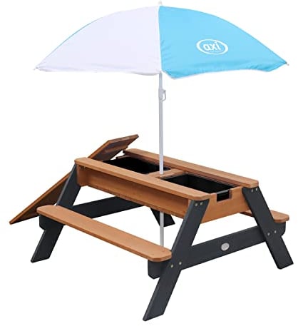 AXI Nick Table Sable et Eau/Pique Nique Avec Parasol, Bois Gris & Marron | Jeux d'Eau Avec Couvercle, Boîtes de Rangement & Parasol | Extérieur Pour Le Jardin - 95x97x48cm