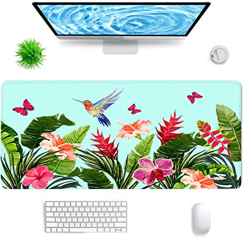 Hanazaoa Grand tapis de souris, colibri avec feuilles de palmier, papillons, hibiscus - Grand tapis de souris imperméable avec bords cousus et base antidérapante pour bureau, jeu, maison, 80 x 30 cm