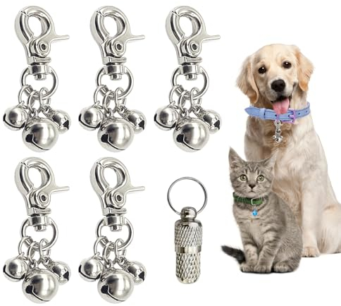 SwirlColor Hundeglocke für Halsbänder, 5 Stück Silber Zinklegierung Dreifacher Glockenanhänger Haustierglocken für Halsbänder mit 1 Messing-Haustier-ID-Markenfass
