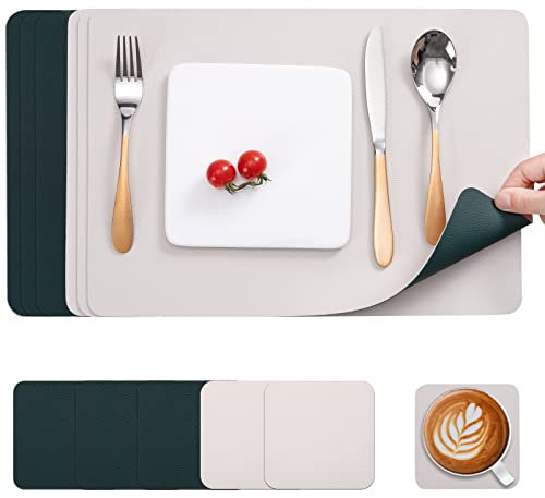 Myir JUN Tischsets Abwaschbar und Untersetzer, Platzset Leder Platzdeckchen Abwaschbar Doppelseitigen Tischsets Umkehrbares Tischset rutschfest Tischset Lederoptik (Beige Grün, Satz von 6)
