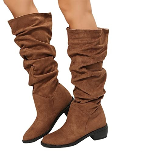 VGOLS Slouchy Stiefel Mit Mittlerer Wade Für Damen, Wildleder Hoher Absatz Reißverschluss Gestapelt Klobiger Block Spitze Zehenstiefeletten (Color : Braun, Size : 39 EU)