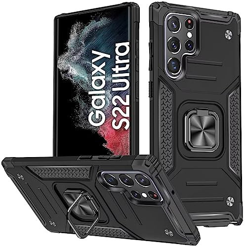 KANSi Hülle für Samsung Galaxy S22 Ultra, Silikon TPU Hart PC Handy Hüllen 360 Grad Drehbar Ringhalter Bumper Stoßdämpfung Schutzhülle - Schwarz