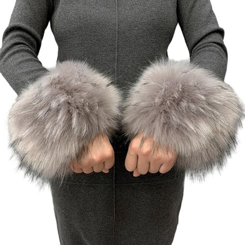 Fell Pelz Armstulpen,Damen Pulswärmer Kunstfell Fellstulpen Fell Manschette Handschuhe Kunstfell Winter Handgelenk Wärmer Wrist Band Cuffs für Pullover Mantel Weste Jacken für Frauen,Grau Schwarz