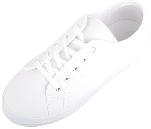 Womens Girls Minimalistic Lace Up Canvas Trainers Sneakers - White - UK 5 / EU 38