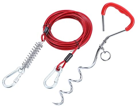 TOPWAY Dog Tie Out Cable 10m/33ft with Shock Absorbing Spring and Hooks and Sturdy Steel Spiral Ground Spike Stake, Dog Tether Dog Leads for Yard Outdoor Camping, Red + Red