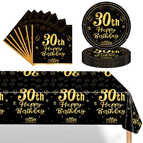 POPOYU 37Pcs Black Gold 30th Birthday Tableware Set,Happy Birthday Party Dinnerware Set,Black Gold Paper Plates 7 Inch Napkins Table Cloth for Men,Women,Him,Her 30th birthday Gifts Party Supplies