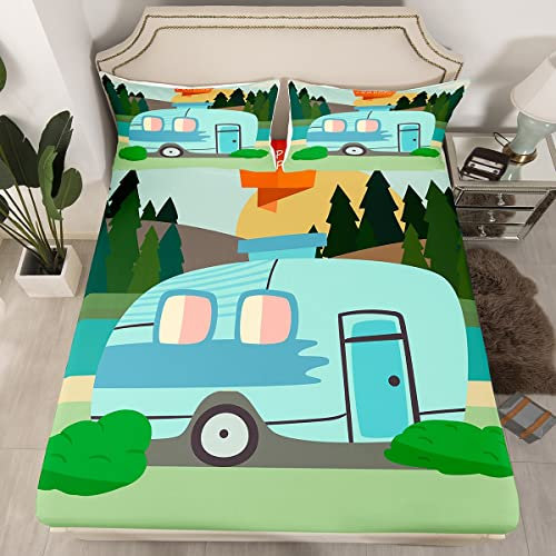 Loussiesd Wohnmobil Bettlaken Set Camping Spannbettlaken 140x200cm für Kinder Jungen Jugendliche Cartoon Camping Auto Spannbetttuch Bettdeckenbezug 2Stück