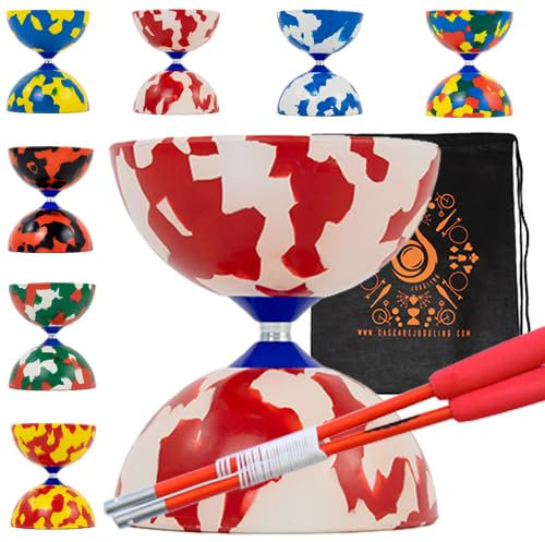 Juggle Dream Jester Ensemble de diabolo avec bâtons en fibre, corde de diabolo – Ensemble de diablo en caoutchouc de taille moyenne avec sac de transport en cascade (rouge et blanc)