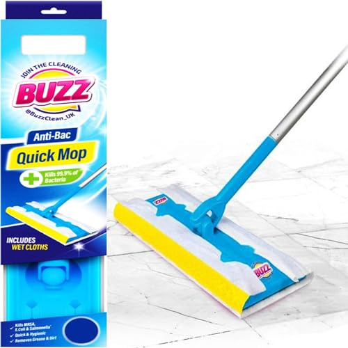 Anti-Bac Quick Mop & 3 Refill Clothes | BUZZ Hygienic Magic Cleaning | SPACE SAVER DESIGN | COMPACT | DIY | MULTIPURPOSE | HOME | KITCHEN FLOOR STARTER SET UK FREE P&P