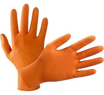 MONOUSALO Einweghandschuhe aus Nitril, Orange, puderfrei, 50 Stück, Latex und Talk mit Diamant-Grip für den professionellen Gebrauch, Einweghandschuhe für technische, industrielle und Lebensmittel, 8