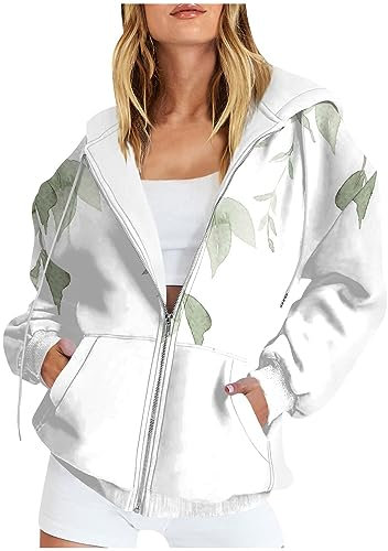 Generisch Kurzmantel Damen Übergang, Freizeitmode Foral Bedruckte Langarm Pullover Hoodies Zipper Sweatshirts Mantel Teddyfell Jacke Waveboard Hundebesitzer Winter Jacken (XXL, Weiß)