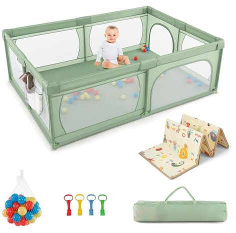 DREAMADE Parc Bébé en Tissu Oxford avec Poche&Sac de Transport,Clôture de Jeu Tout-Petits 0-36Mois avec Balles&Porte Zippée&Maille Respirante (206x147x68,5CM avec Tapis, Vert)