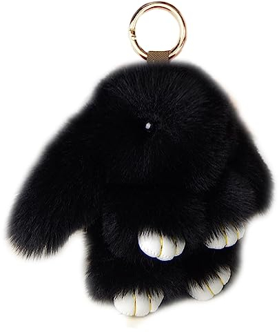 Xsclpomddy Porte-clés lapin mignon en peluche avec pompons, sac à main, décoration de clé de voiture, Noir , 15 cm
