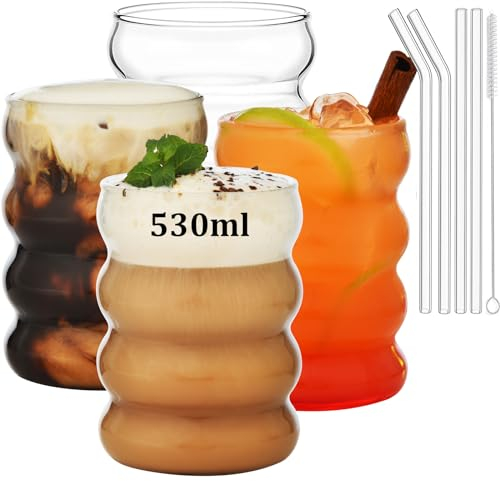 VITEVER 530ml Bubble Gläser, Eiskaffeegläser mit Glasstrohhalmen 4er-Set, Gerippte Trinkgläser für Cocktail, Milch, Wasser, Soda, Geschenk mit Pinsel