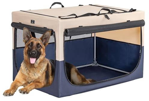 A 4 Pet Hundebox faltbar für große Hunde, Leichte Hundetransportbox Auto einstellbare Kompatibilität, tragbare Kennel Hund mit integriertem Aluminium Rahmen (XL, Blau)