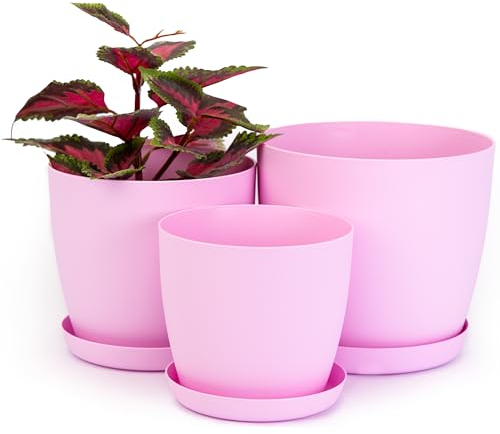 Home Garden Ornaments Maceta Rosa Juego de 3 Tamaños 14/16/18 cm - Mate Macetas Plastico con Platillo sin Agujeros de Drenaje - Maceteros Exterior - Macetero Interior (Rosa)
