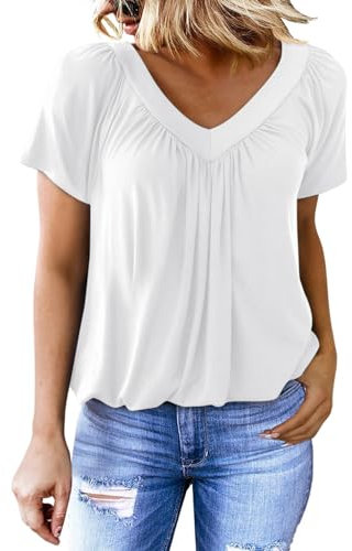 Dokotoo Ladies Tops Summer Short Sleeve V Neck Women's T-Shirts Loose Fit Women Tee Shirts Casual Solid Color Oversized Womens Blouses Top White L