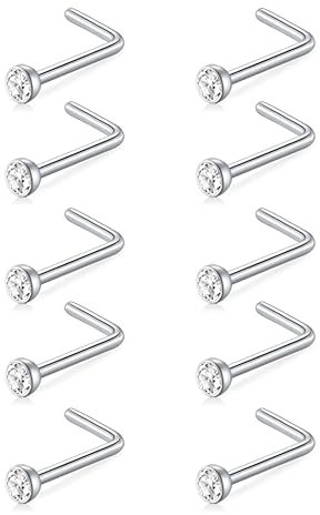 Decentraland 10 Stück Weiß-Weiß (L-förmiger Nasenring) Nasenstecker aus Chirurgenstahl/Titan für Damen-Nasenloch-Piercing-Schmuck, 20 g