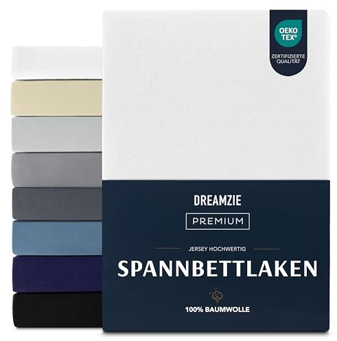Dreamzie Premium Spannbettlaken 90x200 cm, Spannbetttuch für Dicke Matratzen bis zu 22 cm, Bettlaken 100% Jersey Baumwolle, 150 g/m², Oeko-TEX Zertifiziert - Weiß