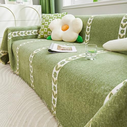 KnSam Home Sofaüberwürfe, Blatt Blumen Sesselbezug Ohrensessel mit Quaste, Anti-Rutsch Sesselbezug Hund Chenille Anti-Rutsch-Couch (180x180CM, Grünteepulver)