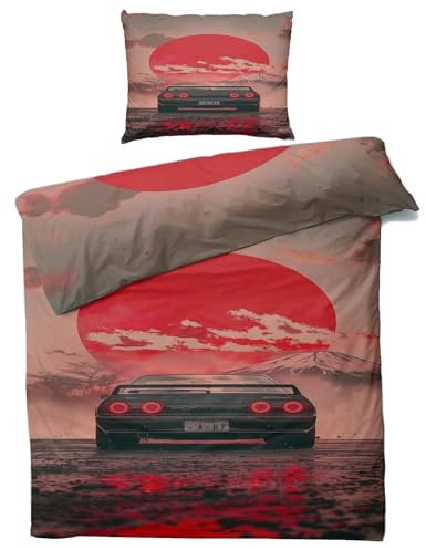 Sommer Bettwäsche 140x200 JDM - Japanische Sportwagen Bettbezug 140x200 2er Set mit Kissenbezug 70x90, Weiche Mikrofaser Sommerbettwäsche mit Reißverschluss für Schlafzimmer Deko G&285