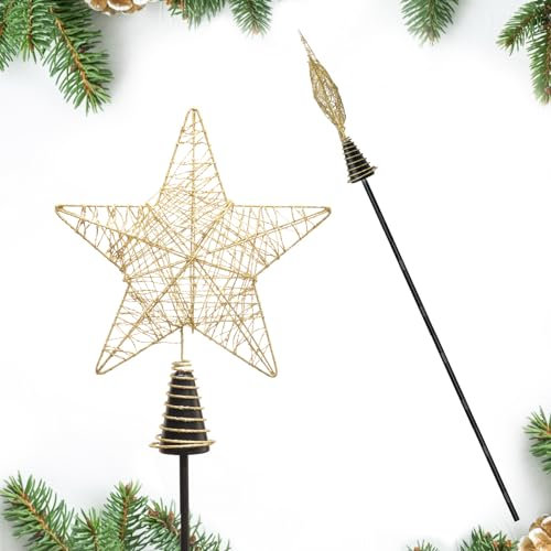 Christmas Tree Topper, 9 Inch Star Tree Topper with Holder, Gold Xmas Glitter Hollow Star Treetop Toppers Christmas Tree Decorations Ornaments for Holiday Ornament or Home Decor