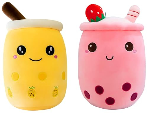 FSRONGXI Lot de 2 oreillers kawaii en peluche thé aux perles et thé au lait pour enfants (rose et jaune)