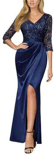 MIUSOL Women's Vintage Lace Sequin Insert Contrast Wrap Ruched Split Hem Satin Evening Party Formal Long Dress (Large, Navy Blue)