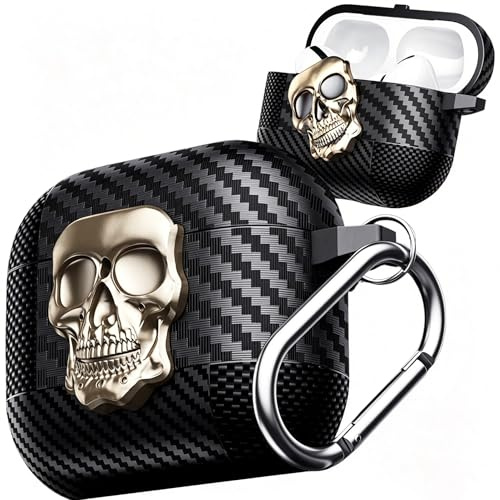 Fofvccv 3D lustiger Schädel Hülle für AirPods 5/4 - Skull Gold | 3D lustiger Totenkopf-Charakter Hülle Stoßfestes Kohlefaser Case mit Karabiner Stilvolle Schutzhülle für AirPods 4