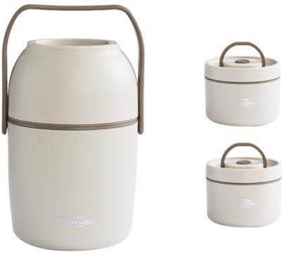 Genérico Termo para Alimentos con Compartimentos, Diseño Agradable y Funcional - Blanco y Beige - 1,2 Litros y 1,5 Litros (2 o 3 recipientes) - Plato incluido y Asa de transporte. (Blanco, 1,2 L)