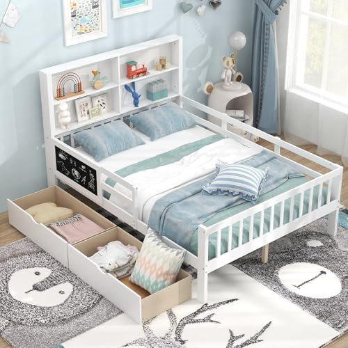 COSTWAY Kinderbett mit 2 Schubladen, Bücherregal & Tafel, 140x200 cm, Jugendbett mit Rausfallschutz & Lattenrost, Holzbett, Doppelbett für Jungen und Mädchen, weiß
