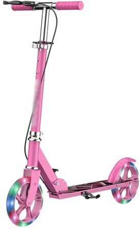 Scooter Mit Handbremse Gummimatte StoßDäMpfung Faltbarem Leichtem Aluminiumrahmen HöHenverstellbar Belastbar Bis 100 Kg Roller Kinder 10 Jahre Cityroller Erwachsene Pink with Light