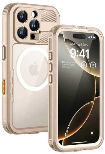 Lanhiem for iPhone 16 Pro Waterproof Case, [Compatible with MagSafe] Heavy Duty Shockproof Cover with Built in Screen Protector, Protective Magnetic Phone Case for iPhone 16 Pro (Desert Gold)