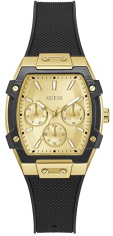 Guess Phoenix Women's Watch with Date Display Black Silicone Strap Mineral Glass Gold Dial 3 Bar Case Diameter 35 mm GW0945L2