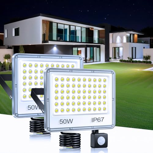 TASINUO LED Strahler mit Bewegungsmelder Außen 50W 5000LM Außenleuchte, 2PC | LED Scheinwerfer mit Bewegungsmelder IP67 Wasserdichte, Außenleuchte mit Bewegungsmelder 6500K für Lager Garten Garage Keller