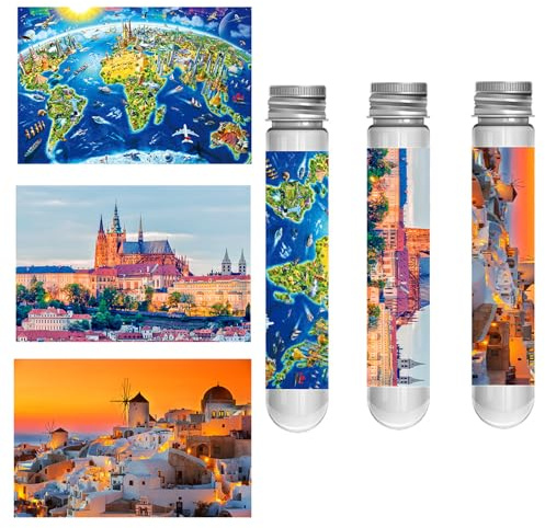 LUUFAN 3er-Pack Mini-Puzzles für Erwachsene 150 Teile Herausforderndes kleines Puzzle 6 x 4 Zoll Unterhaltsame Puzzlespiele für die Wohnraumdekoration (Welt, Prager Burg, Sonnenuntergang auf Santorin)