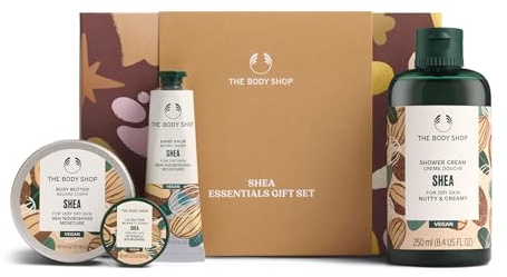The Body Shop Coffret cadeau Shea Essentials (crème douche 250 ml + beurre corporel 50 ml + beurre à lèvres 10 ml + baume pour les mains 30 ml), collection nourrissante au beurre de karité pour soins