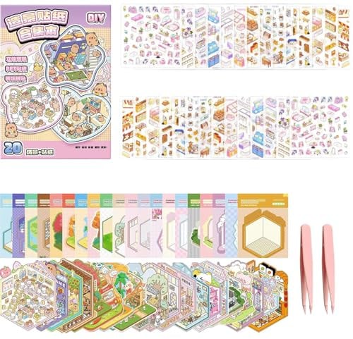 20 Stück 3D Sticker Set Wiederverwendbar mit Pinzette, Kreative Sticker Buch für Erwachsene und Kinder, Dekorative Sticker für Entspannung und Kreativprojekte, Vielseitige Motive