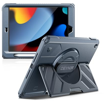 Dexnor Schutzhülle für iPad 9. / 8. / 7. Generation 25,9 cm (10,2 Zoll), robuste Schutzhülle mit 360° drehbarer Handschlaufe, großem Ständer, Displayschutzfolie und Stifthalter, stoßfest