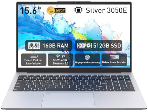 Auusda Laptop 15,6 Zoll Notebook, 16GB DDR4 RAM 512GB SSD, 3050E Prozessor, Fingerabdrucksensor, beleuchtete Tastatur, Ziffernblock, Privacy-Kameraabdeckung, leichtes Notebook für Schule & Büro